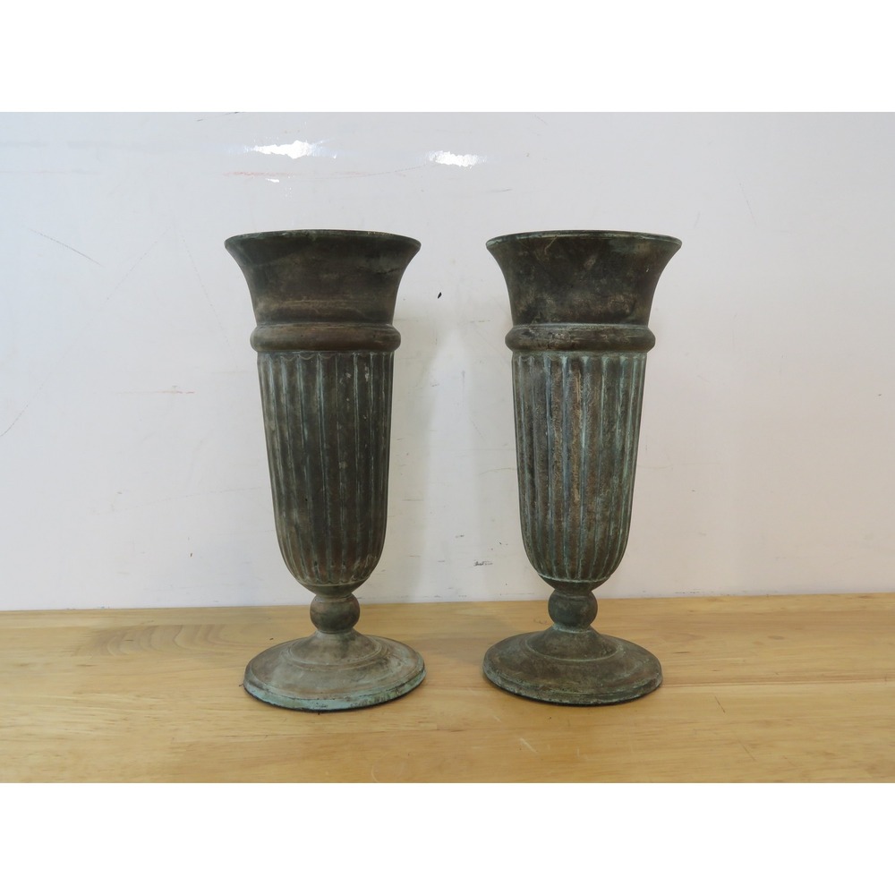 VTG Set of 2 Andrea by Sadek Metal Tulip Pedestal Vases with Verdigris Patina